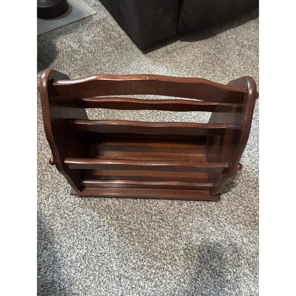 Vintage Wooden Magazine Rack Scalloped Dark Wood Book Record Holder Handle